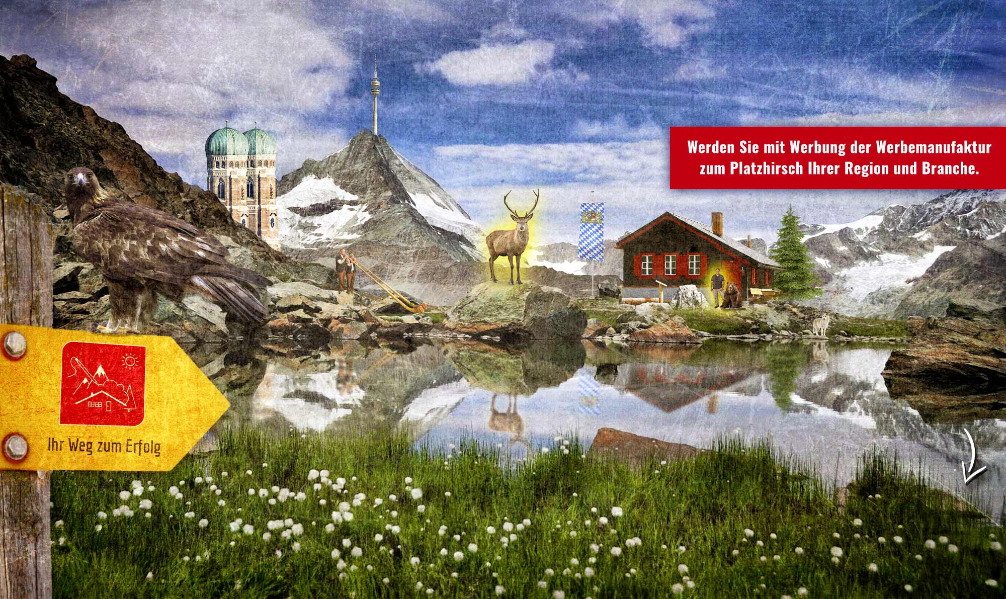 Titelbild mit Alpenkullise Alphornblässern, Münchener Marienkirche und Olympiaturm des Alpenchalets der Werbeagentur für KMU + Mittelstand in München + Umland